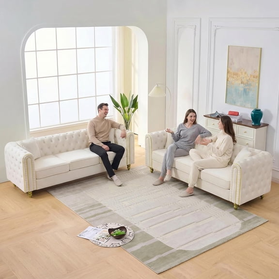 YWEN 2 Piece 86" Velvet Sofa Sets, 3 3-Seater Couch Comfy Velvet Sofa, Button Tufted Rolled Arms and Gold Legs for Primary Living Space