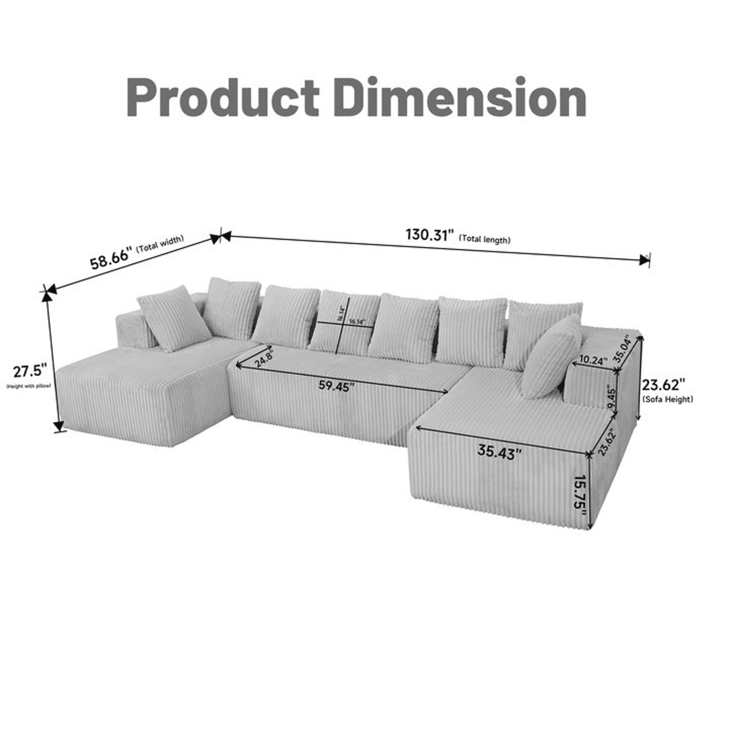 Demi Bonn 130" Modular U-Shaped Sectional Sofa, 4-Seater Chaise Lounge Couch with Reversible Corduroy Fabric for Living Room, Bedroom, Gray