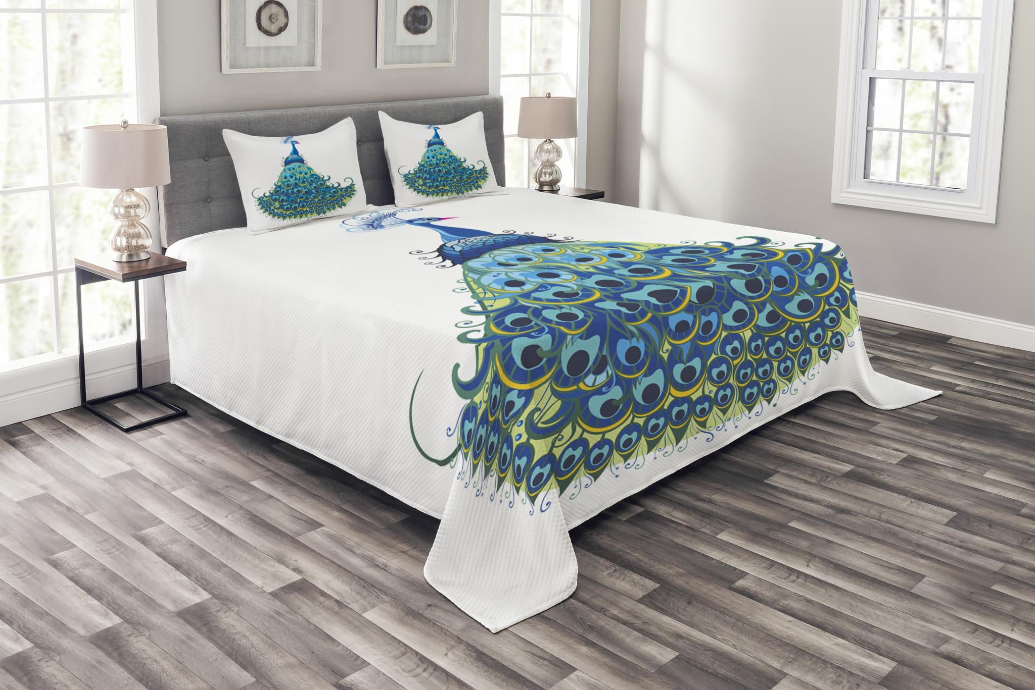 Peacock Bedspread Set King Size, Peacock Illustration Floral Classical