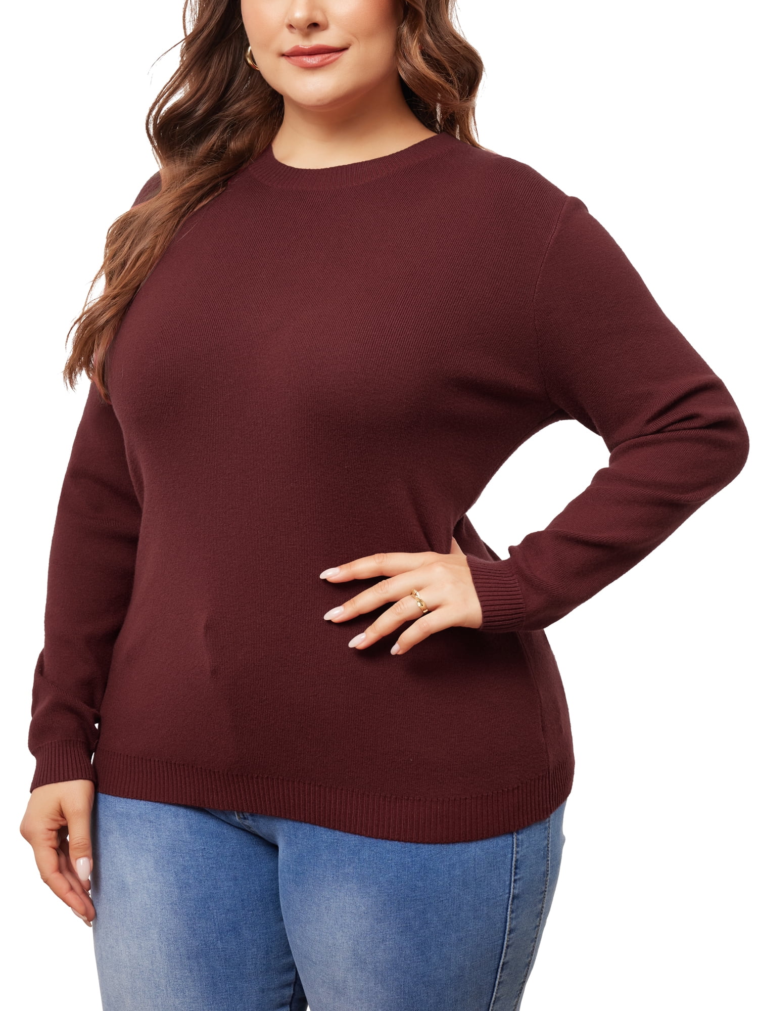 DARING DIVA Plus Size Long Sleeve Crewneck Sweater Fall Casual Tops 3X Burgundy