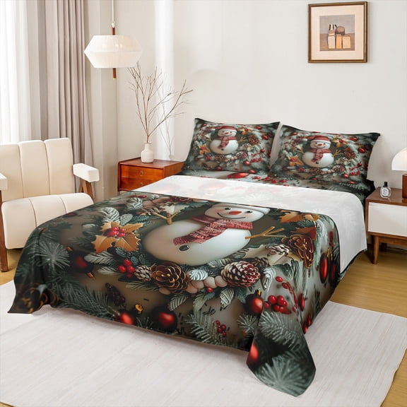Feelyou Winter Pink Snowman Full Size Sheets, Merry Christmas Bed Sheets, Western Festival Holiday Sheet Sets, Breathable Home Decor, 4 Pieces