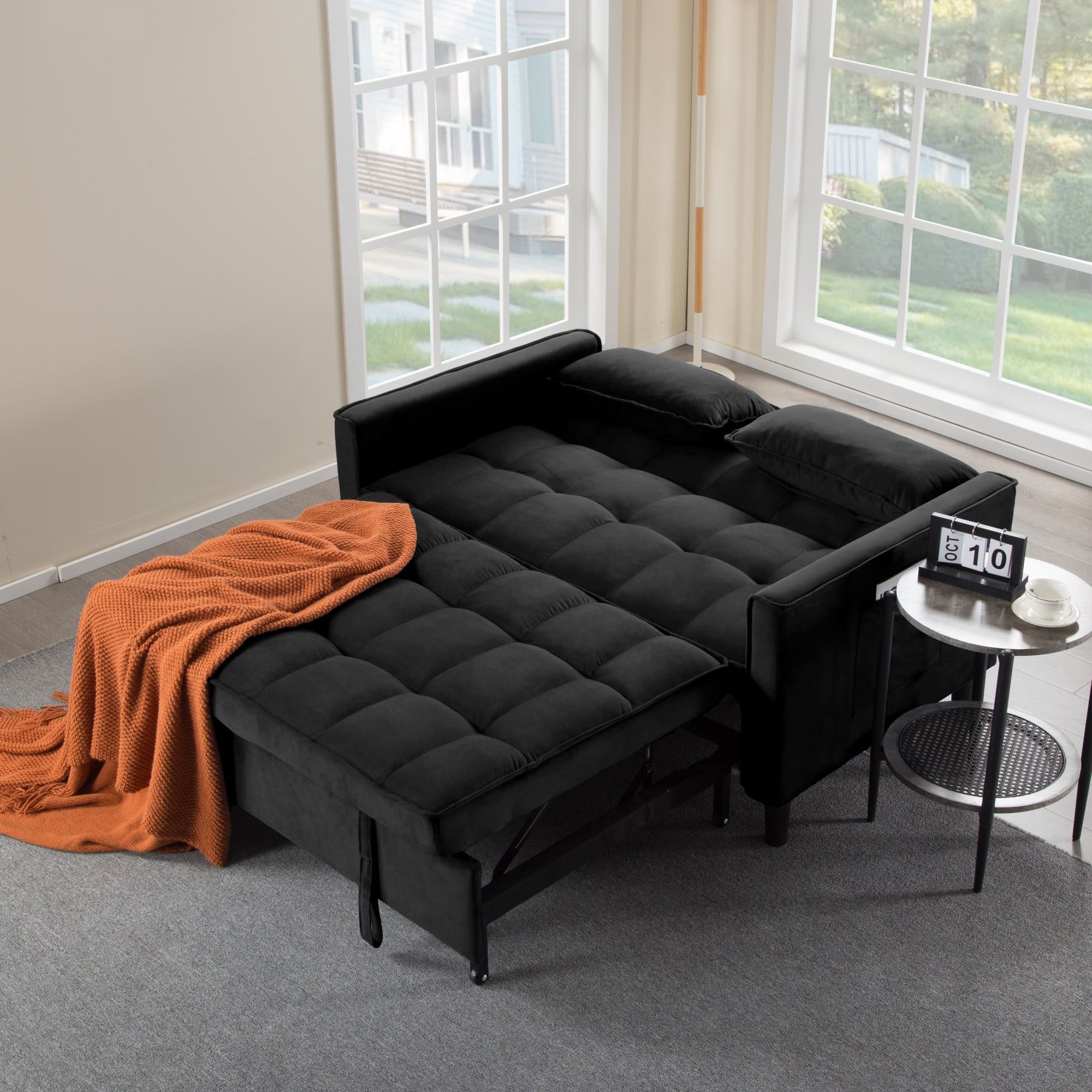 Gewnee 53.94" Pull-Out Sofa Bed – Convertible Twin Size Sleeper Bed,3 Adjustable Backrest Angles & Storage Side Pocket for Living Room,Office,Guest Room.Black Velvet
