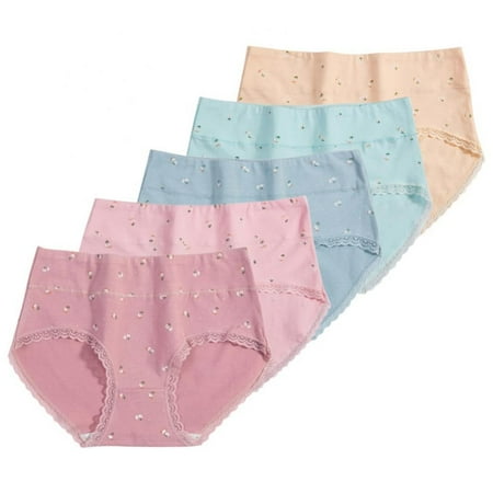 

Spdoo High Waist Cotton Floral Brief Underwear for Women 5-Pack Beige/green/blue/pink/dark pink M/4