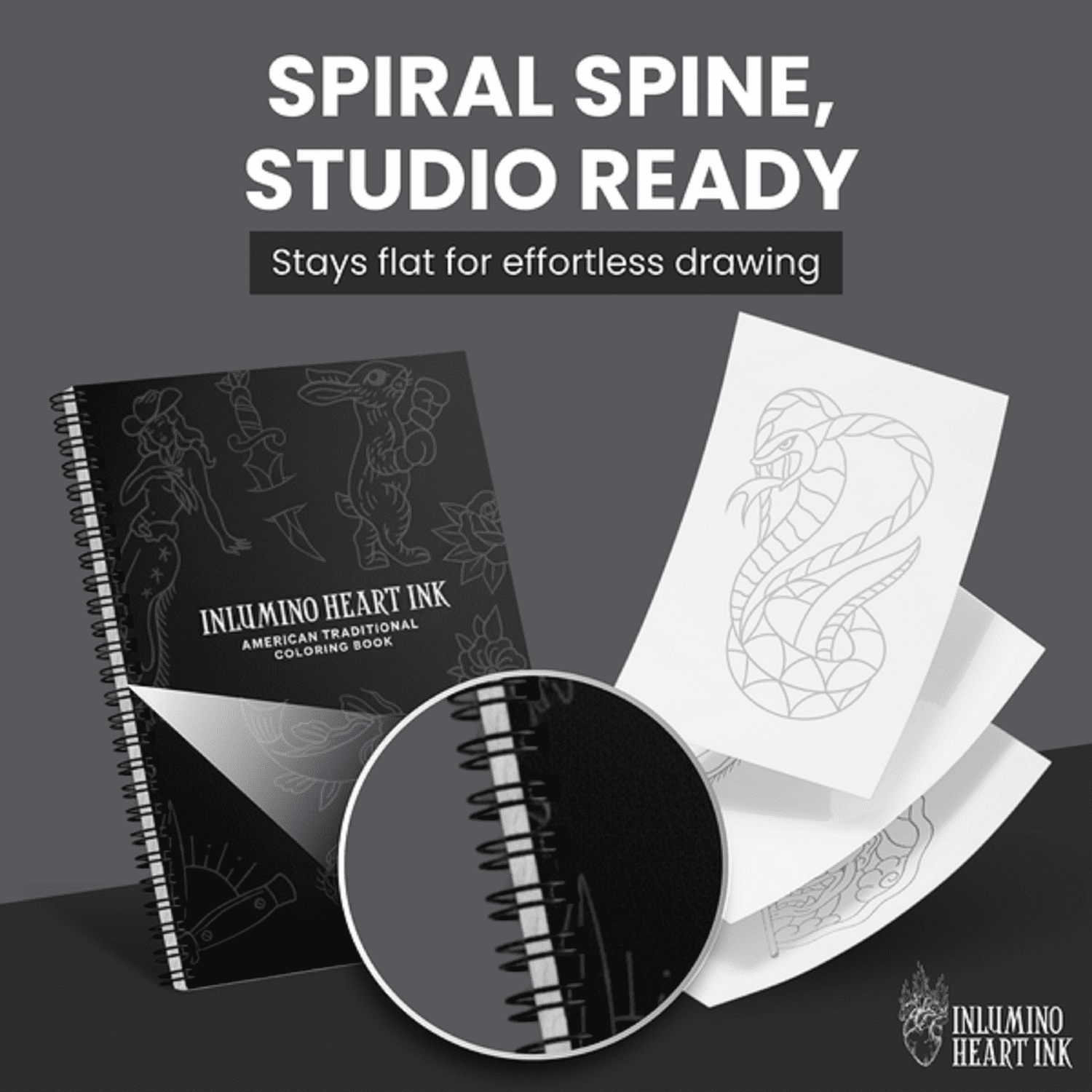 Inlumino Heart Ink Tattoo-Inspired Book for Adults - 40 Sheets 240 GSM, Stippling and Ballpoint Pen Practice
