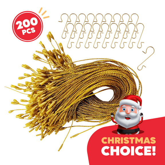 200PCS Ornament Hooks, Christmas Ornament String with Snaps, Christmas Tree Hangers Baubles Ball Metal & Wire Hooks Xmas Decoration S Hooks Holidays Decoration (GOLD)