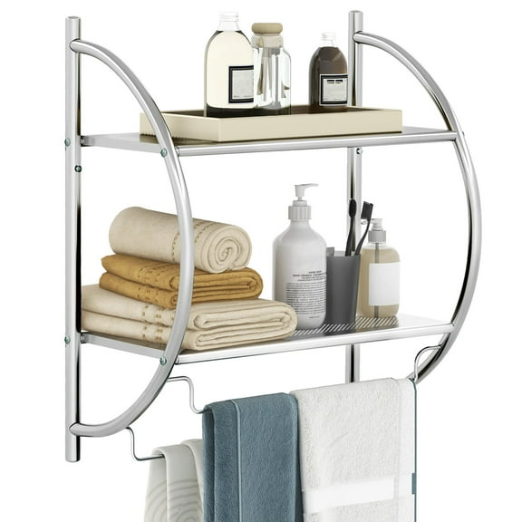 AetherLove Wall Mount 2 Tier Bathroom Shelf with Bars, 18" W X 10" D X 22" H, Home Toilet Double Layer Rustproof Chrome Shelf, Silver