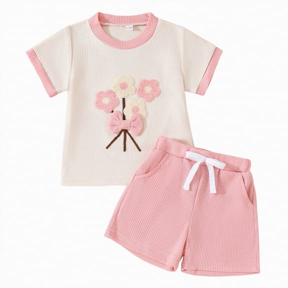 NOLDARES Toddler Baby Girl Summer Clothes Ruffle Short Sleeve Shirt & Shorts Set(Red,6-12 Months)