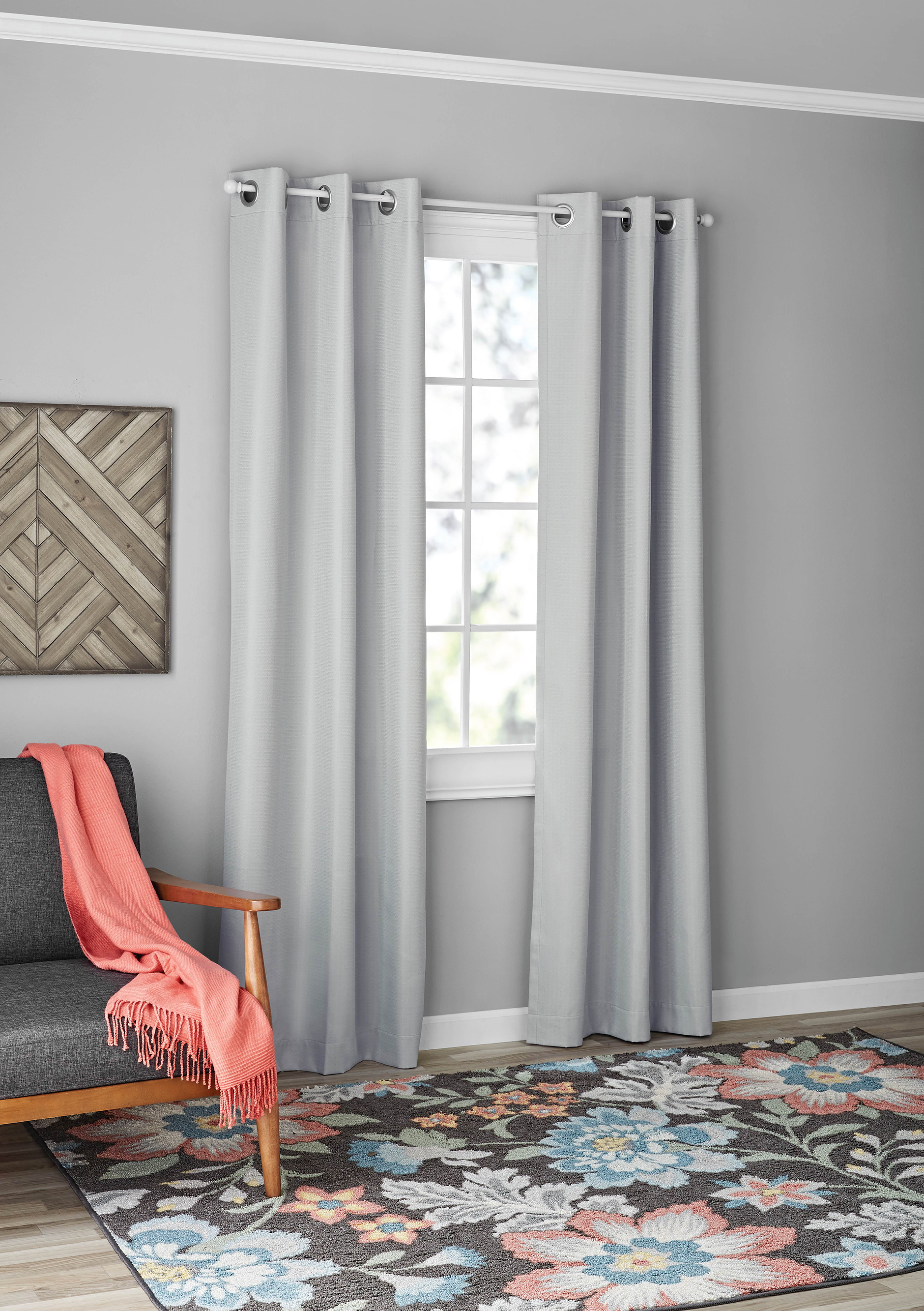 Mainstays Olan Textured Solid Blackout Grommet Curtain Panel Pair Window Treatment, Set of 2 Room Darkening Drapes for Bedroom, Silver, 37" W x 84" L