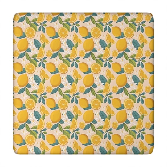 Yellow Lemon Fruit Flowers Pink Pattern Square Fitted Tablecloth with Elastic Edge,Square Table Cover,Washable Elastic Table Cover for Home Kitchen Party Decor 34"x34"