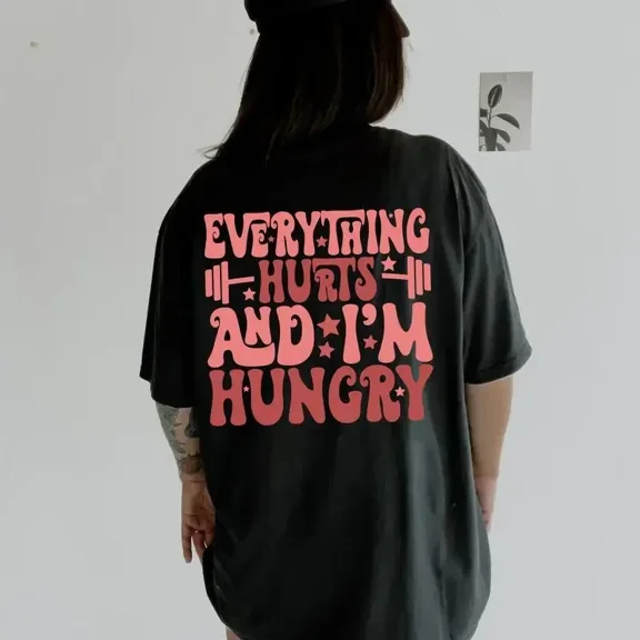 Womens Everything Hurts And I'm Hungry Pattern Tops Workout Gym Print T Shirts Gym Lover Graphic Tees Black,L
