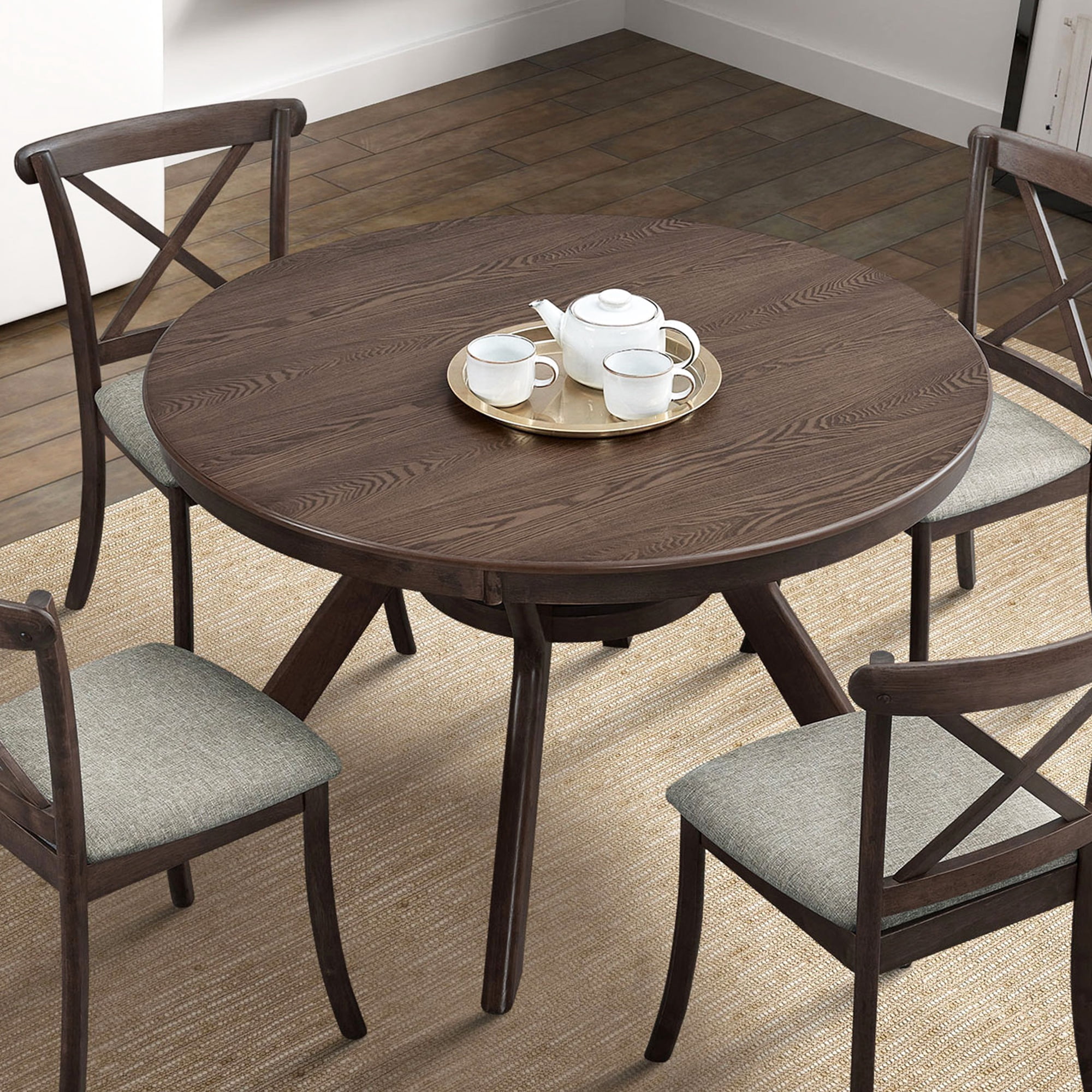 PORKISS 47" Round Dining Table for 4 People, Coffee Table, Modern Farmhouse Wooden Kitchen Table with Storage Shelf, Living Room, Dark Brown (Chairs Not Included)