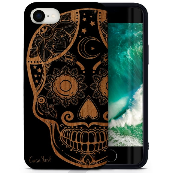 Case Yard Wooden Case for iPhone-SE Soft TPU Silicone cover Slim Fit Shockproof Wood Protective Phone Cover for Girls Boys Men and Women Supports Wireless Charging Gothic Skull Design