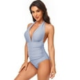 thumbnail image 2 of SWSMCLT Women's Brazilian Smocked Swimming One Piece Bathing Suit Beach Swimsuit Ruched Halter Brief Swimwear Light Blue 8-10, 2 of 4