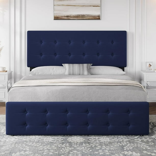 Queen Size Bed Frame with 4 Storage Drawers and Velvet Upholstered