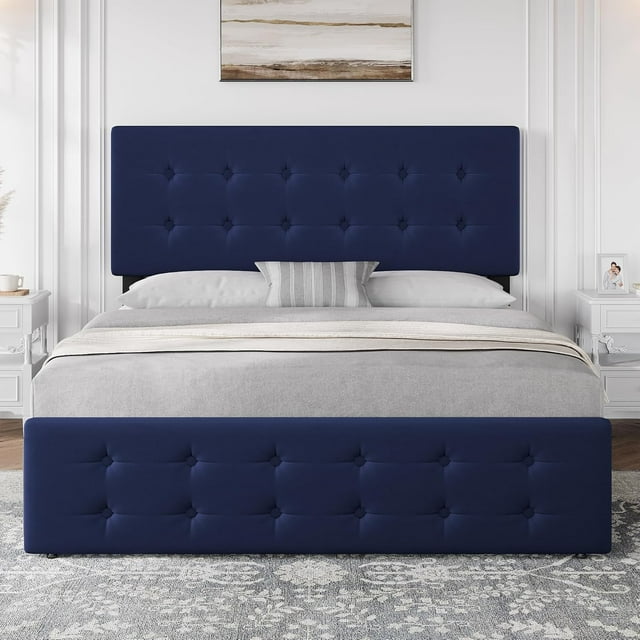 Full Size Velvet Bed Frame with 4 Storage Drawers & Adjustable Headboard, Button Tufted Upholstered Platform Bed with Wooden Slats Support, Noise-Free, No Box Spring Needed