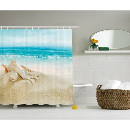 Nautical Starfish Seascape Sea Beach Shower Curtain With Hooks Blue Sand White