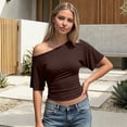 thumbnail image 4 of Rggeeun Women Shirts Cropped One Shoulder Solid Color Short Sleeve Elastic Waist Draping for Summer Beach Wear Trendy Tshirts,Brown,M, 4 of 7