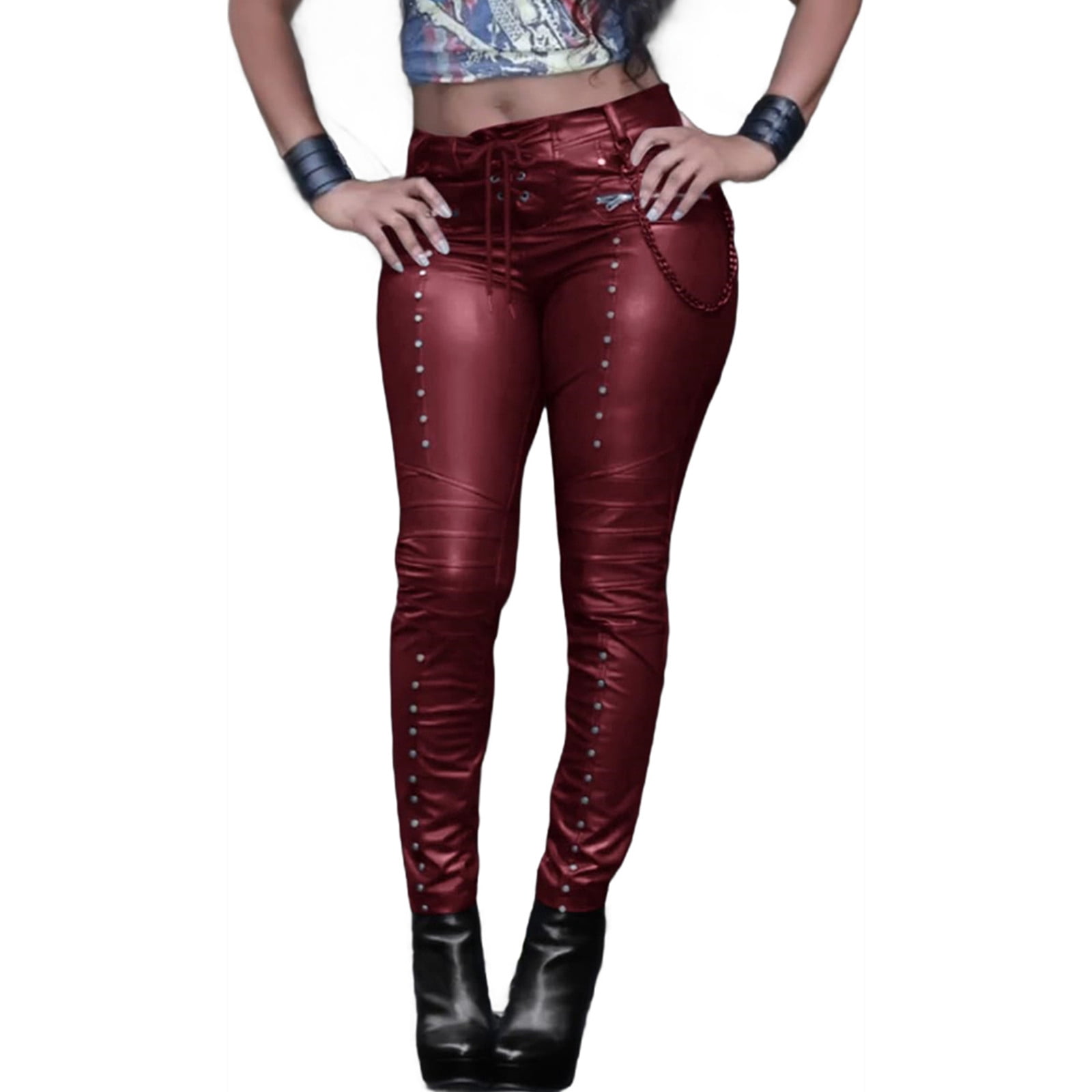 Rock Style Women's Faux Leather Leggings Gothic Punk Skinny PU Leather Pants Mid Rise Novelty Studded Tight Pants