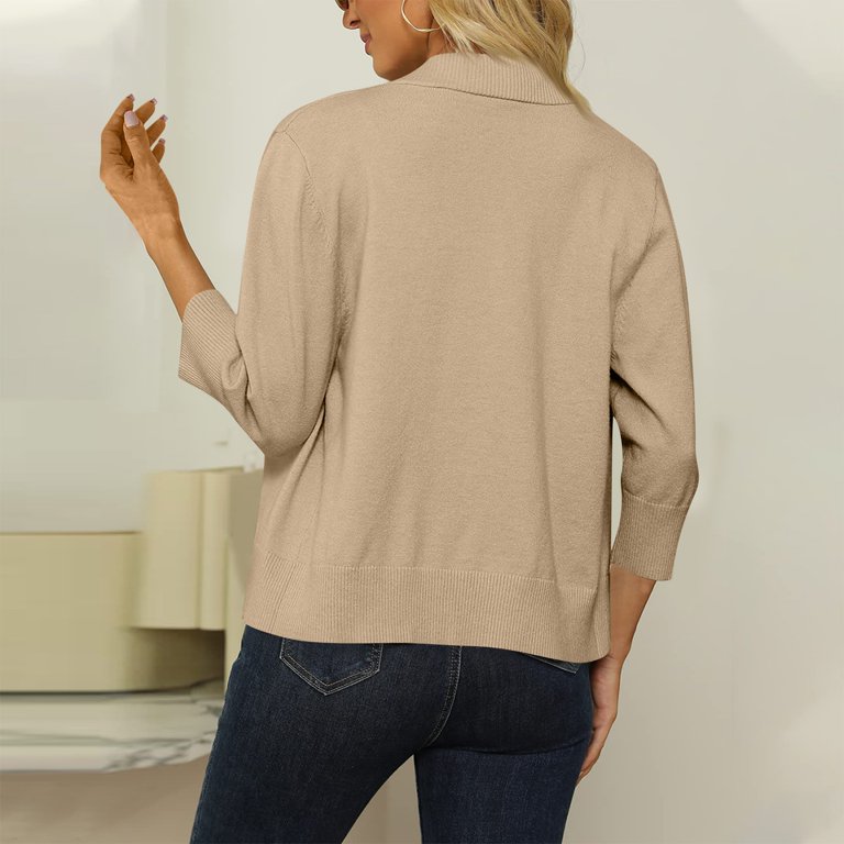 Mohiass Women's 3/4 Sleeve Cropped Cardigan Sweater Open