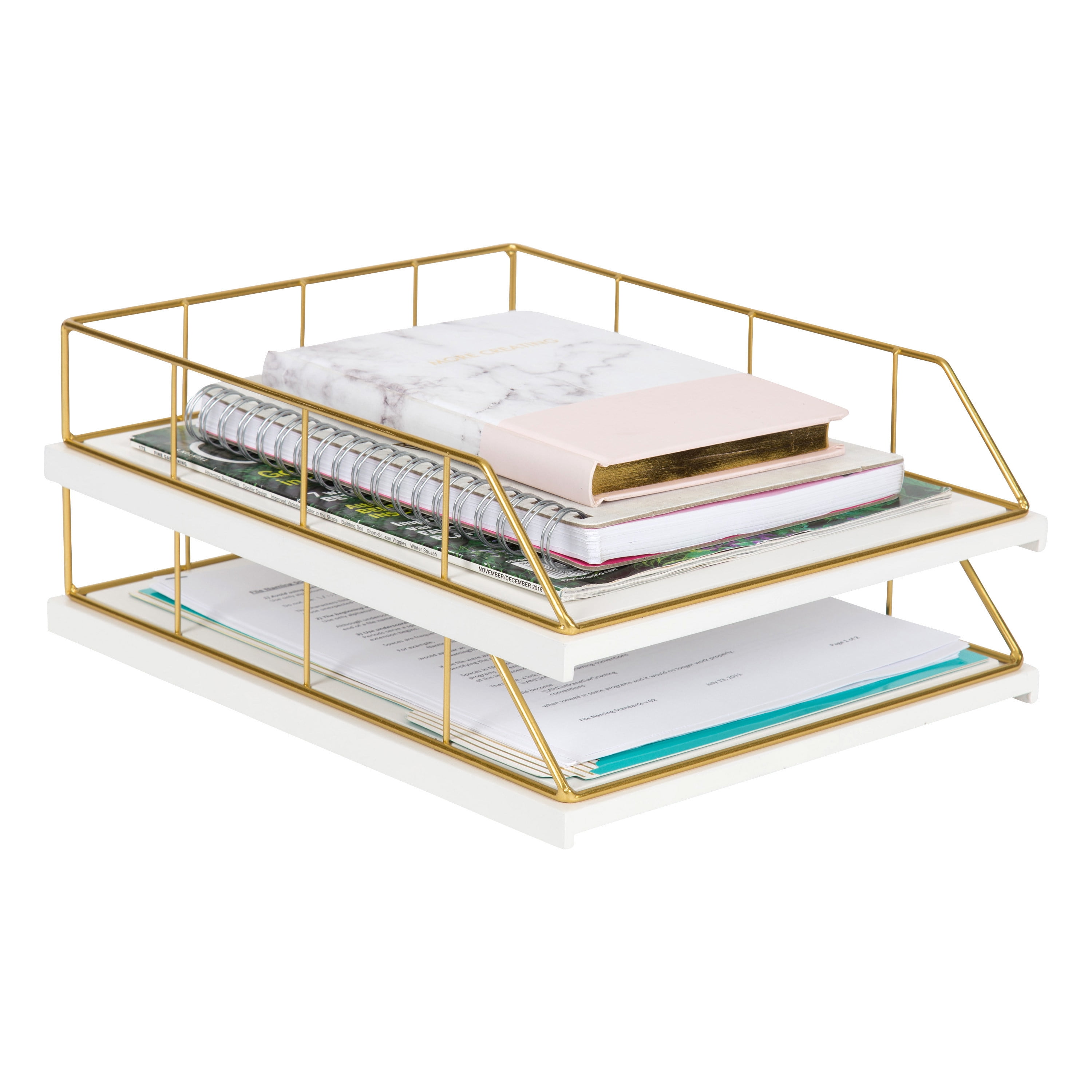 Kate and Laurel Benbrook Stacked Metal and Wood Letter Trays, White and Gold