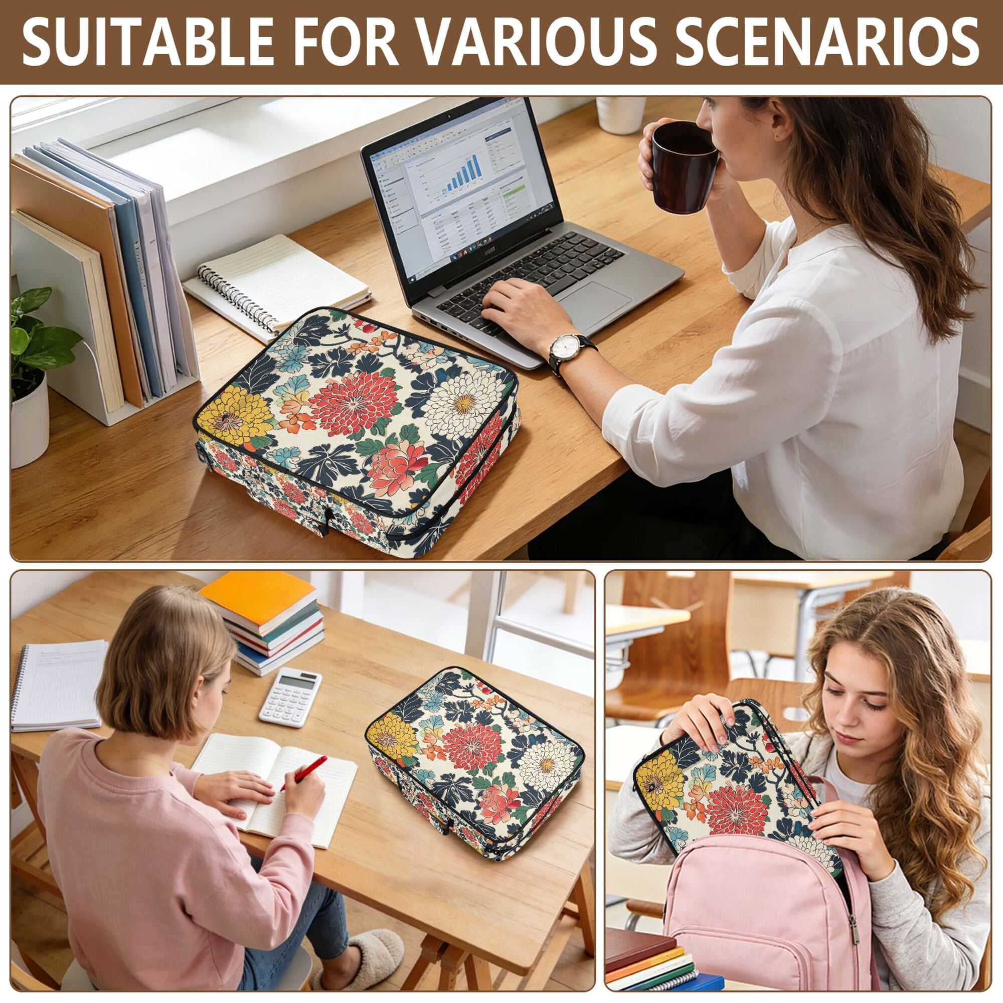 FORMRS Accordion File Folder A4 Size 7-Pocket Expanding Document Organizer Bag with 3 Ring Binder, Red Flowers Pattern