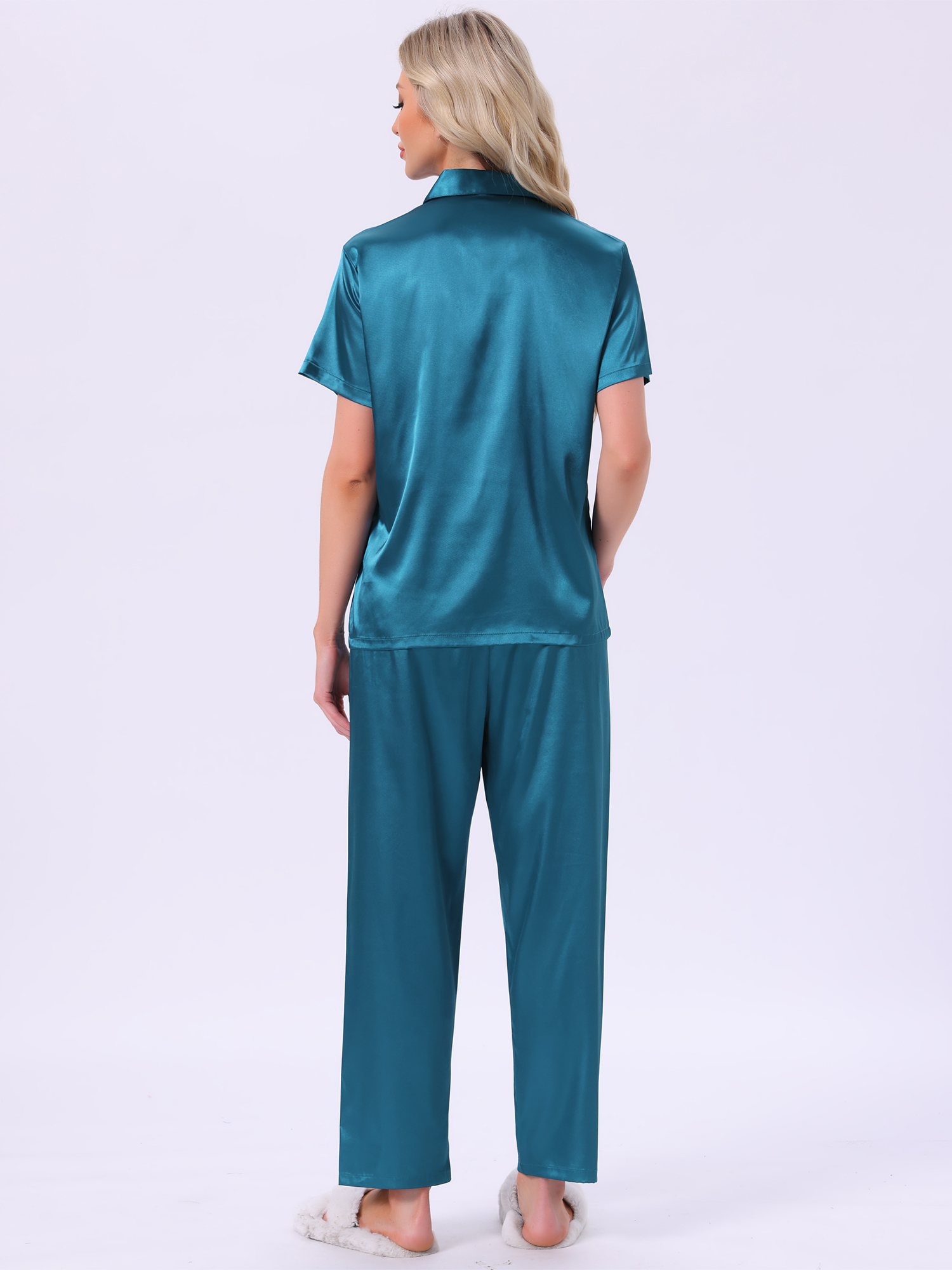 DARING DIVA Satin Pajamas Silky Button Down Short Sleeve Shirt Pants Set L Peacock Blue
