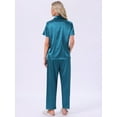 thumbnail image 4 of DARING DIVA Satin Pajamas Silky Button Down Short Sleeve Shirt Pants Set M Peacock Blue, 4 of 7