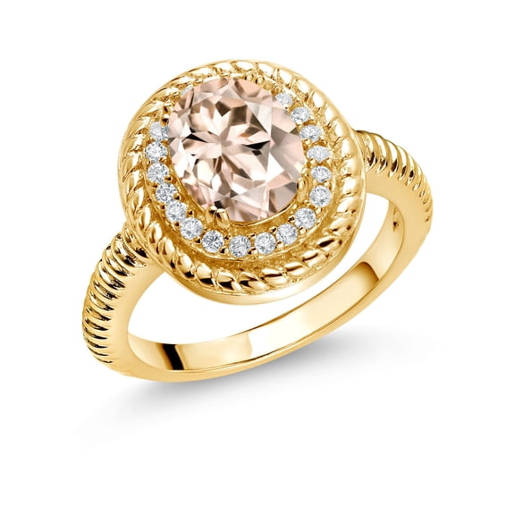 Gem Stone King 1.86 Ct Oval Peach Morganite 18K Yellow Gold Plated Silver Halo Engagement Ring (Size 6)