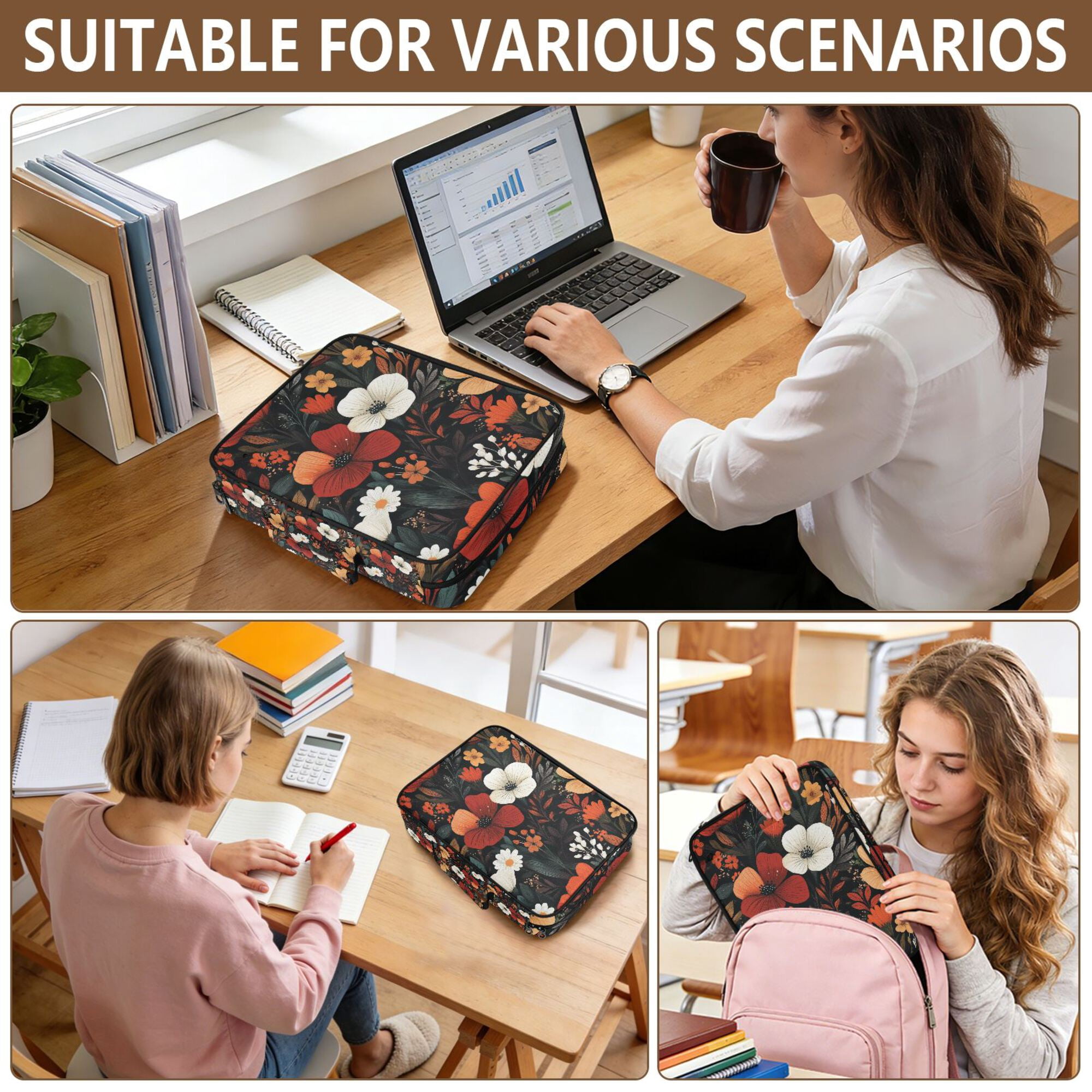 FORMRS Accordion File Folder A4 Size 7-Pocket Expanding Document Organizer Bag with 3 Ring Binder, Red Flowers Pattern