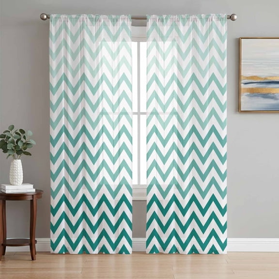 Teal Chevron Sheer Curtains 96 Inch Length 2 Panels Set, Ombre Geometric Ocean Wave V-shaped Voile Window Treatment Semi Sheer Long Curtains Drapes for Bedroom/Living Room/Kitchen 52"x96"x2