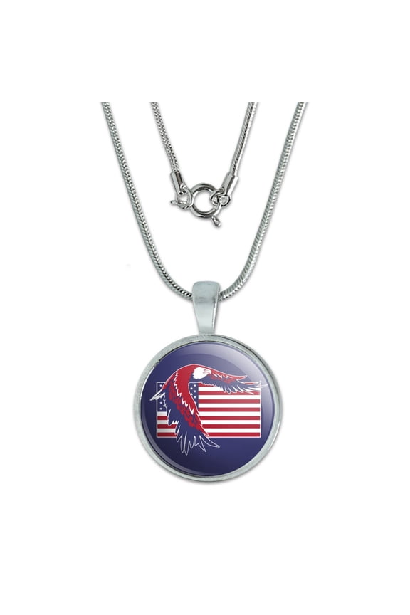 Patriotic Red White And Blue American Bald Eagle Over USA Flag 0.75" Pendant with Sterling Silver Plated Chain