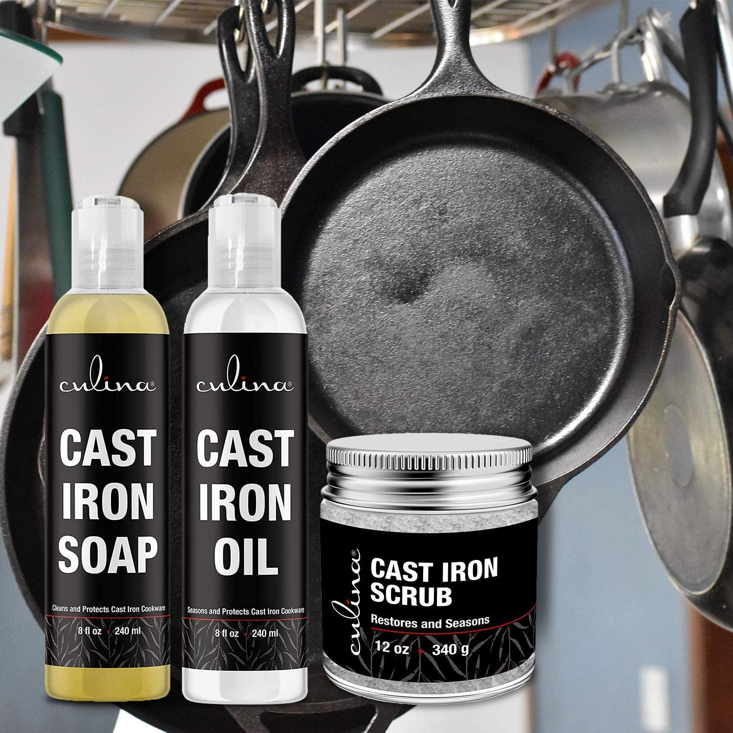 Caron & Doucet - Ultimate Cast Iron Set: Seasoning Oil, Cleaning Soap & Restoring Scrub | 100% Plant-Based & Best for