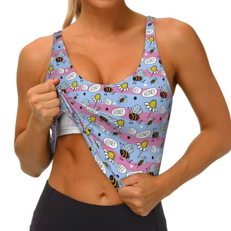 Qokaie Bees And Daisies Striped Pattern Womens Scoop Neck Sports Bra Breathable Workout Vest Padded U Back Medium Impact Fitness Gym Yoga Bra Workout Crop Top