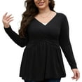 thumbnail image 4 of Uvplove Women's Spring Plus Size V-Neck Tunic Tops Casual Loose Long Sleeve Blouses with Pleated,US L-4XL in Black, 4 of 11