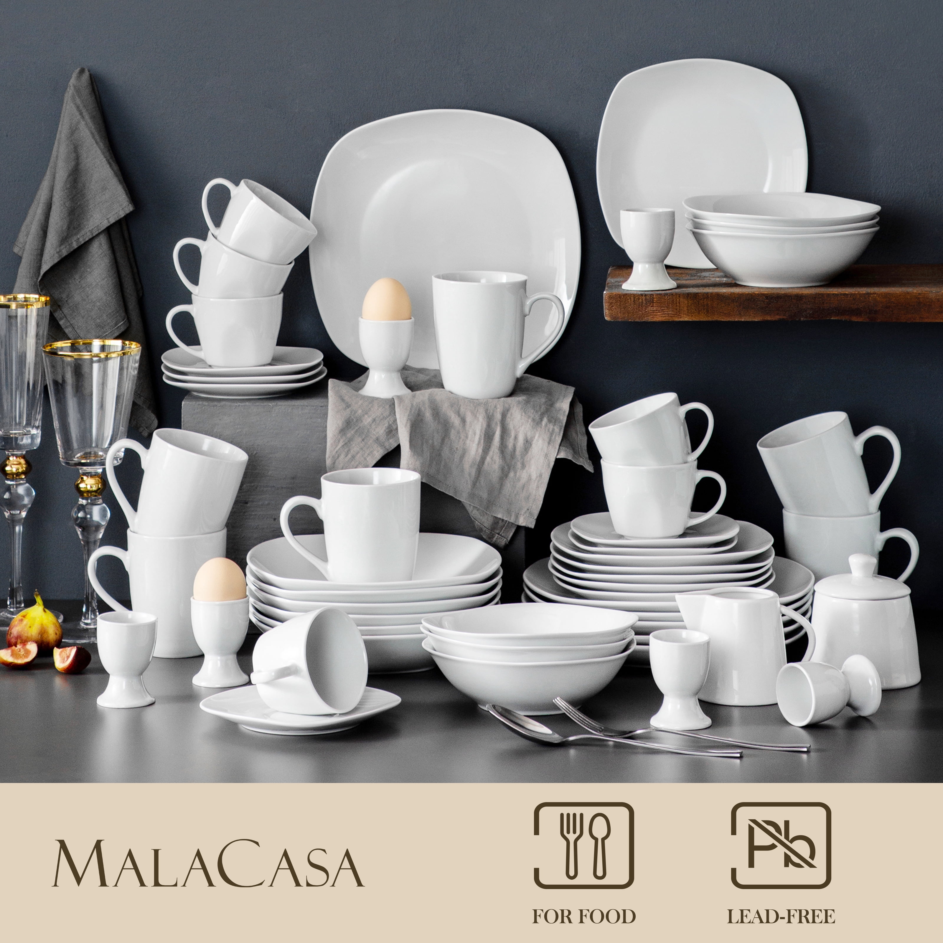 MALACASA, Series Elisa, 50-Piece Porcelain Dinnerware Set, White