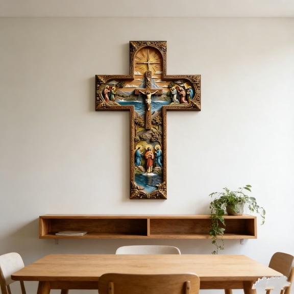 Vintage Wall Cross, 2D Flat Jesus Religious Wall Easter Decoration Featuring Nativity Scene with Crucifixion Resurrection Figures, Gilded Frame in Golden Tones Ideal for Easter