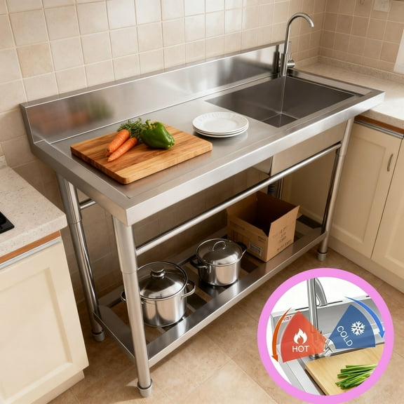47.3x18.5x33.6Inch Heavy Duty Commercial Sink,Kitchen Sink with Cold and Hot Water Pipe and Faucet, Utility Sink with Storage Shelf, Kitchen Sink for Hotel Laundry Room
