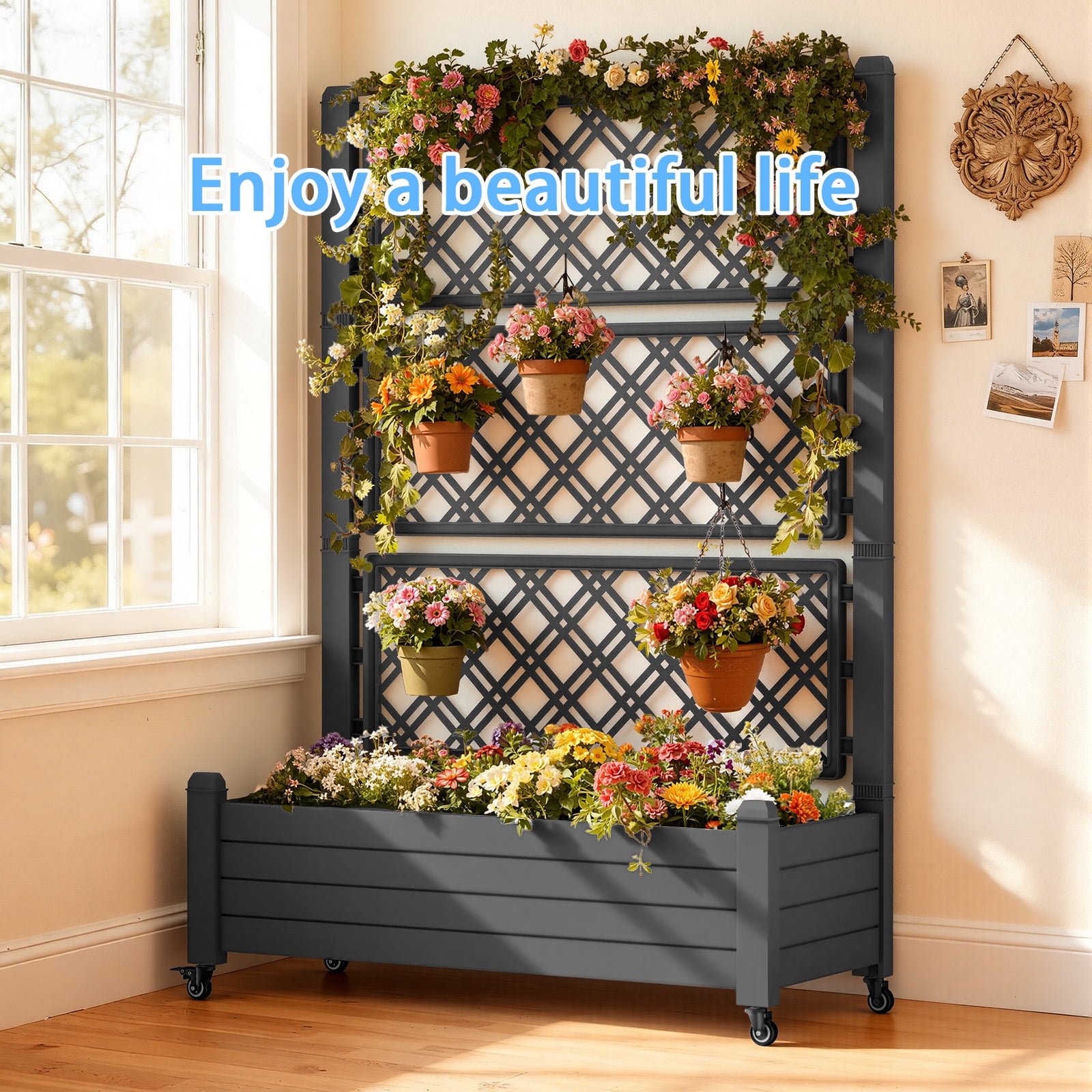 EasyUp Raised Garden Bed with Trellis for Climbing Plants,Outdoor Herb Garden Planter with Drainage Plug and Gauge,Durable Dust-Proof Resin for Garden, Patio, Balcony, and Backyard.Father's Day Gift