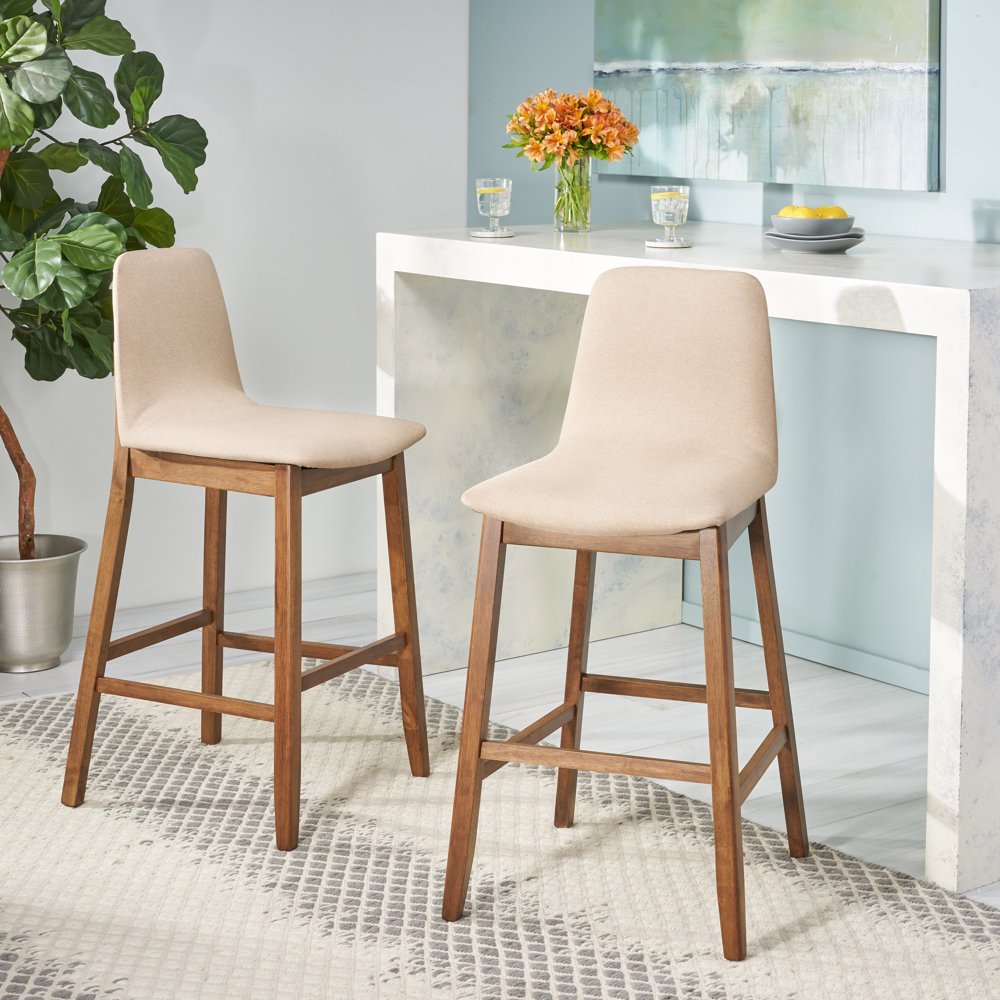 Noble House Lilyrose Contemporary Fabric Upholstered Bar Stool, Set of 2, Dark Beige and Walnut 