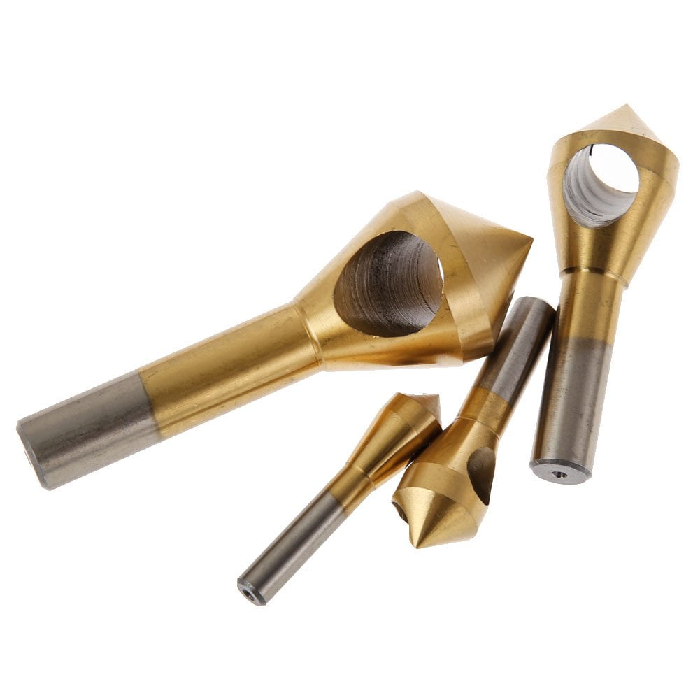 4pcs Titanium Coated Countersink Chamfer Tool Deburring Tool Set Metal Wood Drill Bits 2-5mm 5-10mm 10-15mm 15-20mm （gold)
