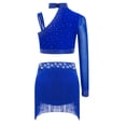 thumbnail image 3 of Mufeng Kids Girls Sparkly Disco Jazz Latin Hip Hop Ballet Lyrical Dance Outfits Crop Top with Fringe Blue 16, 3 of 7
