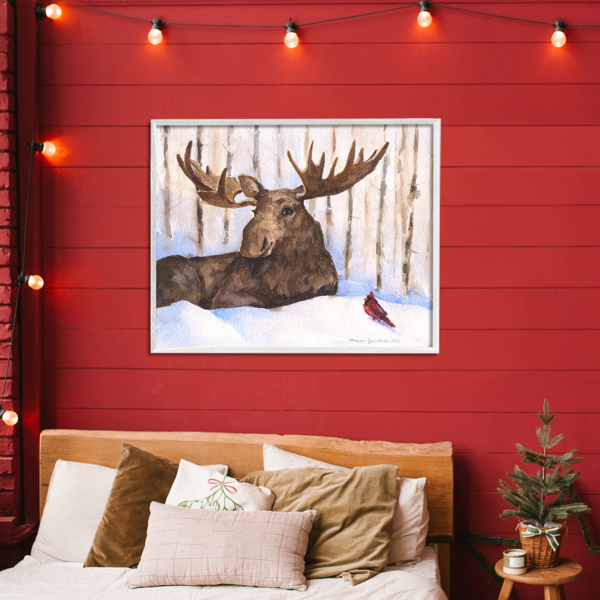 Stupell Industries Moose & Red Cardinal White Framed Giclee Art, design by George Dyachenko