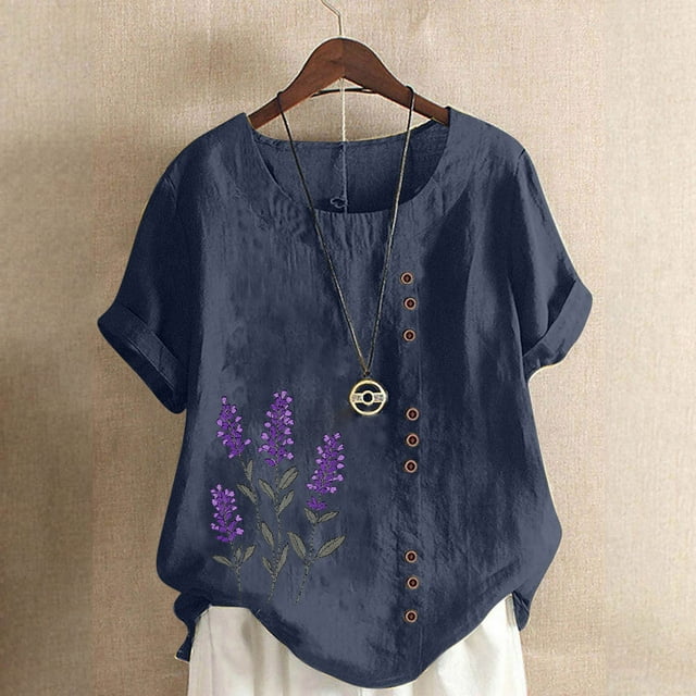 Women's Casual Linen Top Printed Short Sleeve Button Blouse Soft Polyester Comfortable T-Shirt for Daily Wear Work Vacation Party Spring Summer Fall Fashion