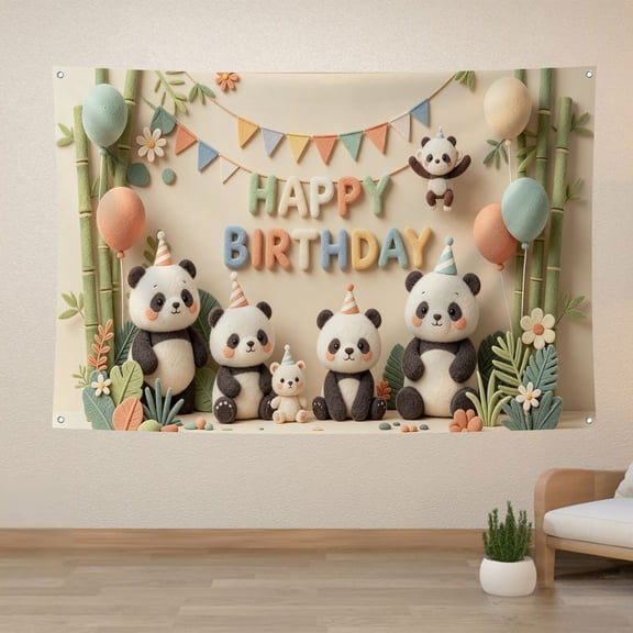Panda Birthday Backdrop Green Bamboo Cute Panda Bear Happy Birthday Background Pastel Balloons Floral Birthday Party Decorations Banner Supplies Photo Booth Props