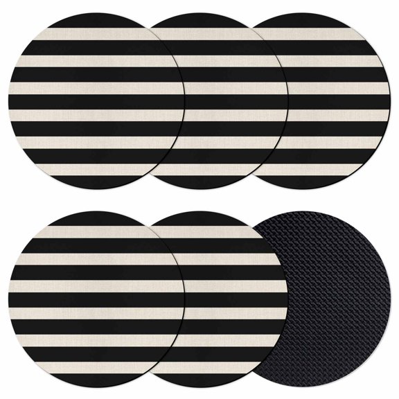 Black Beige Striped Coasters Set of 6, Vintage Geometric Line Simple Absorbent Coasters for Drinks, Coaster for Bar Office Dining Coffee Table Accessories Decor, Non Slip Round Desk Coaster