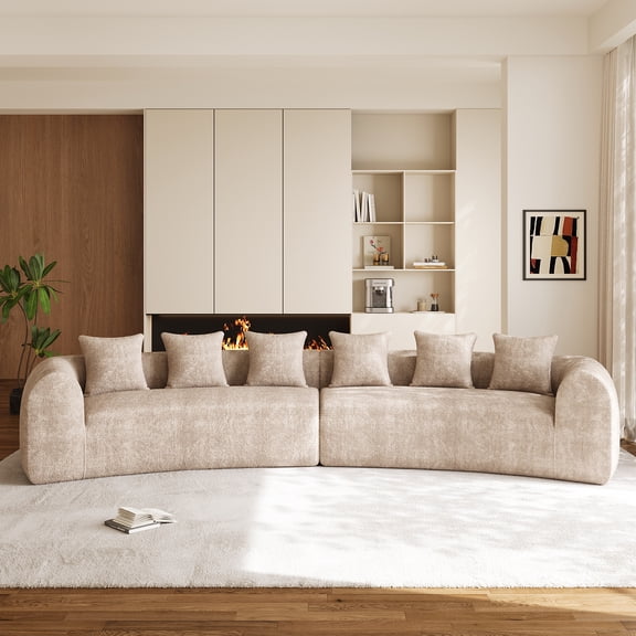 Rophefx Modern Curved Sofa Couch for Living Room, 157" Oversized Sectional Luxury Plush Chenille Extra Deep Wide Seat Curved Cloud Sofa with 6 Pillows, No Assembly,Light Brown