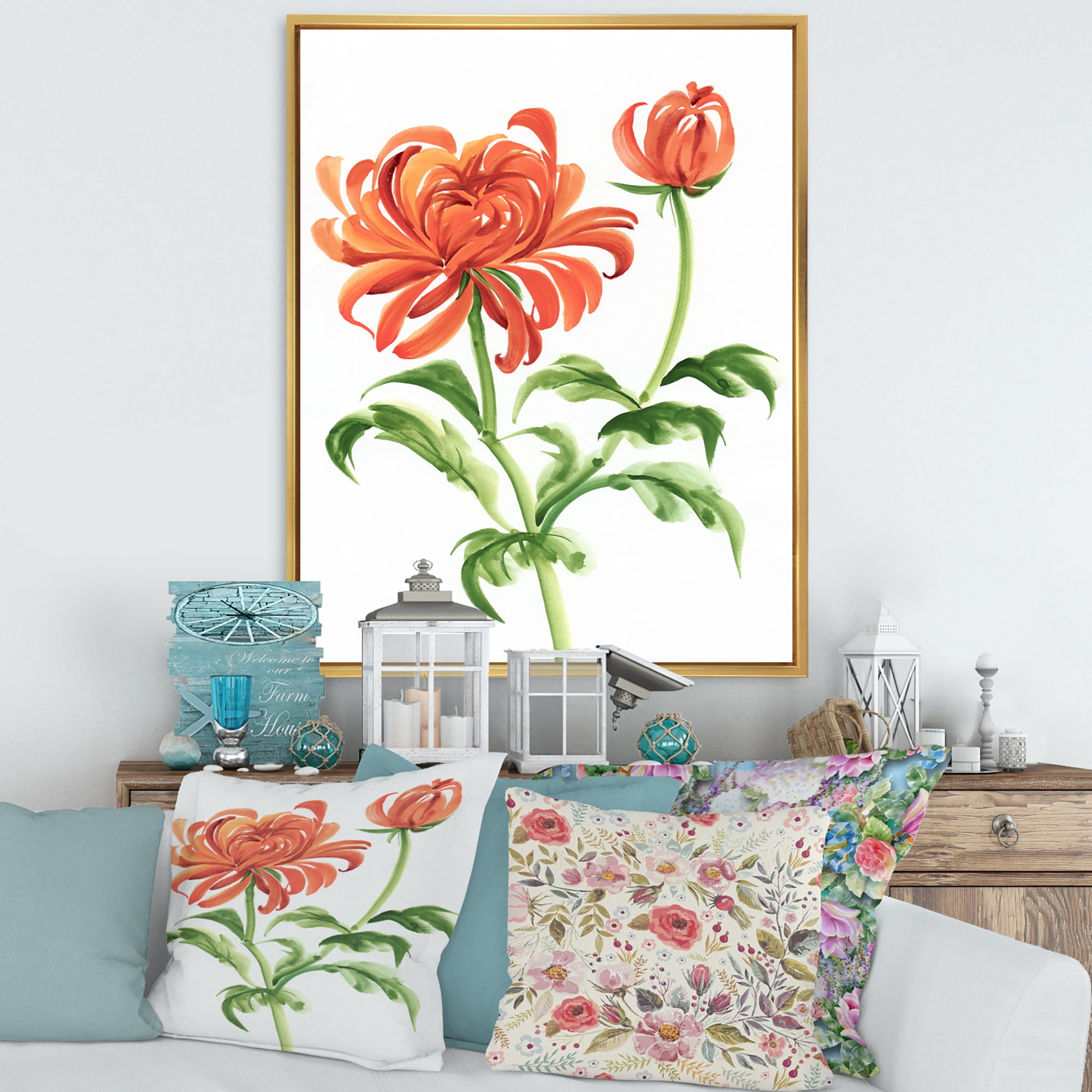 Designart 'Ancient Orange Chrysanthemum Flower' Traditional Framed Canvas Wall Art Print