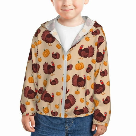 

Rash Guard for Boys Girls - Thanksgiving Turkey and Pumpkin Lightweight Long Sleeve Sun Protection Jacket Hooded Cooling Swim Shirt with Zipper for Toddler Kids Children
