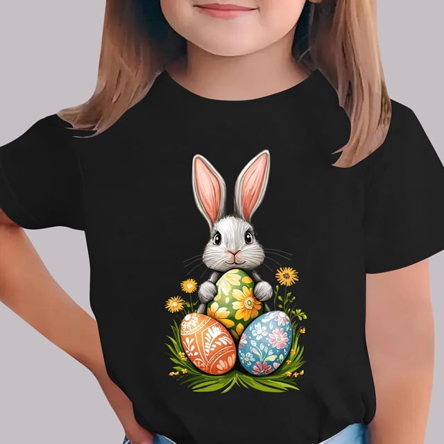 Blusas y camisas de manga corta con cuello redondo Camiseta estampada de manga corta de Pascua para niños Cuello redondo Manga corta Casual Versátil Para niñas Niños Top de poliéster