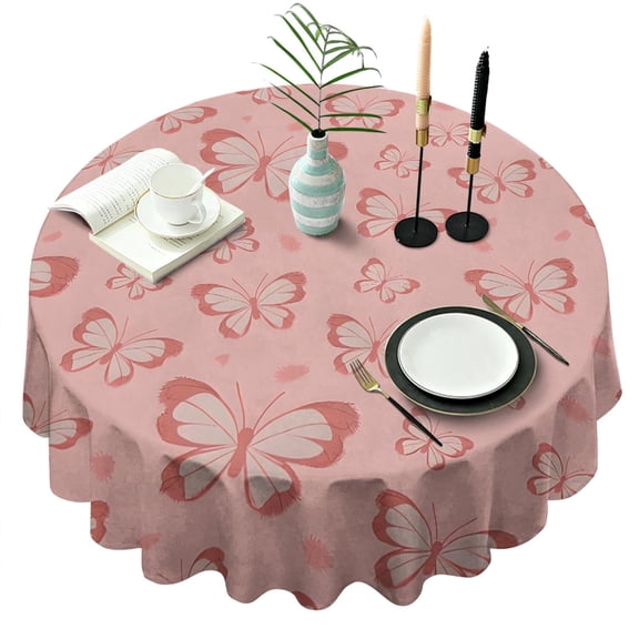 Pink Butterfly Pattern Round Tablecloth 60"x60",Wrinkle Wipeable Table Cloth for Kitchen Dining Room Picnic Patio Party